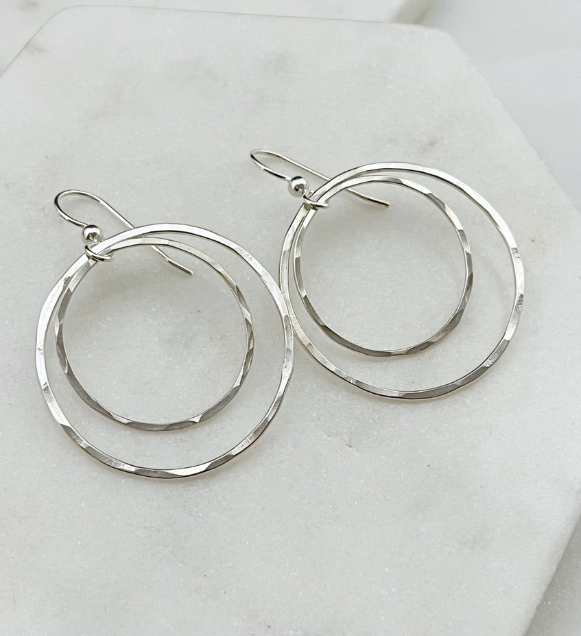 Sterling silver forged double hoop earrings