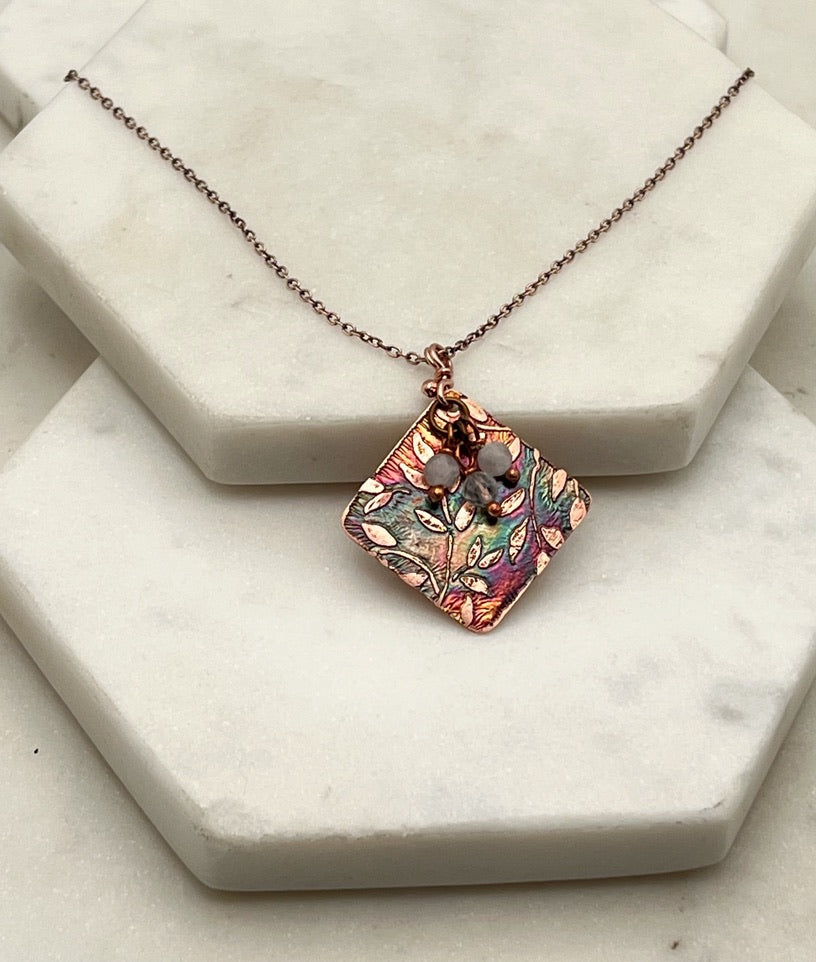 Acid etched copper necklace with moonstone gemstones