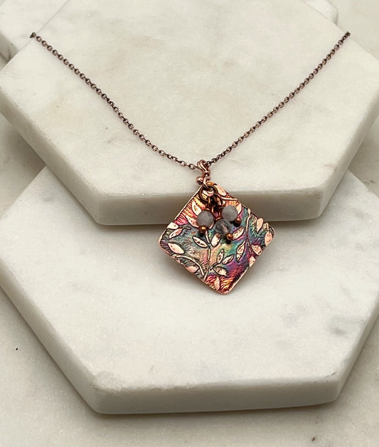Acid etched copper necklace with moonstone gemstones