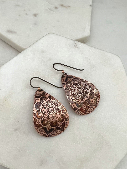 Acid etched copper medium teardrop earrings