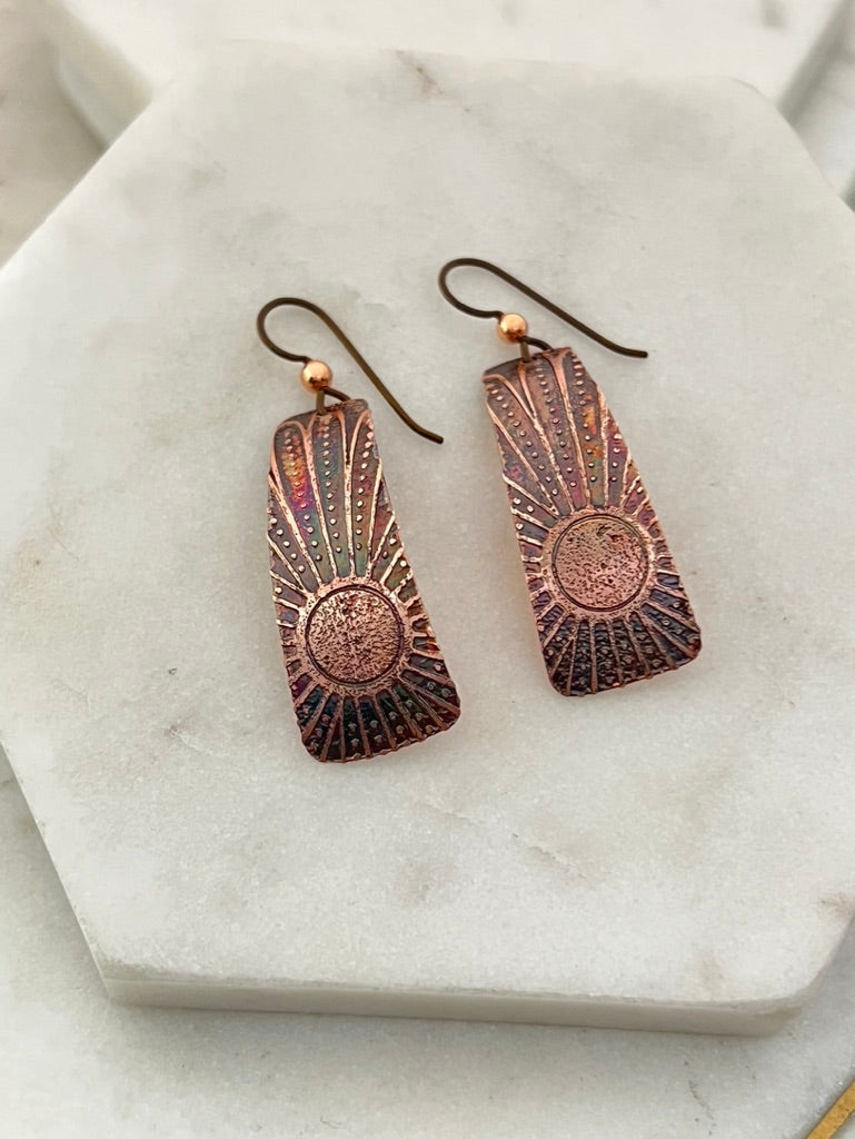 Acid etched copper irregular rectangle earrings