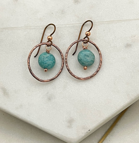 Copper hoops with amazonite  gemstones
