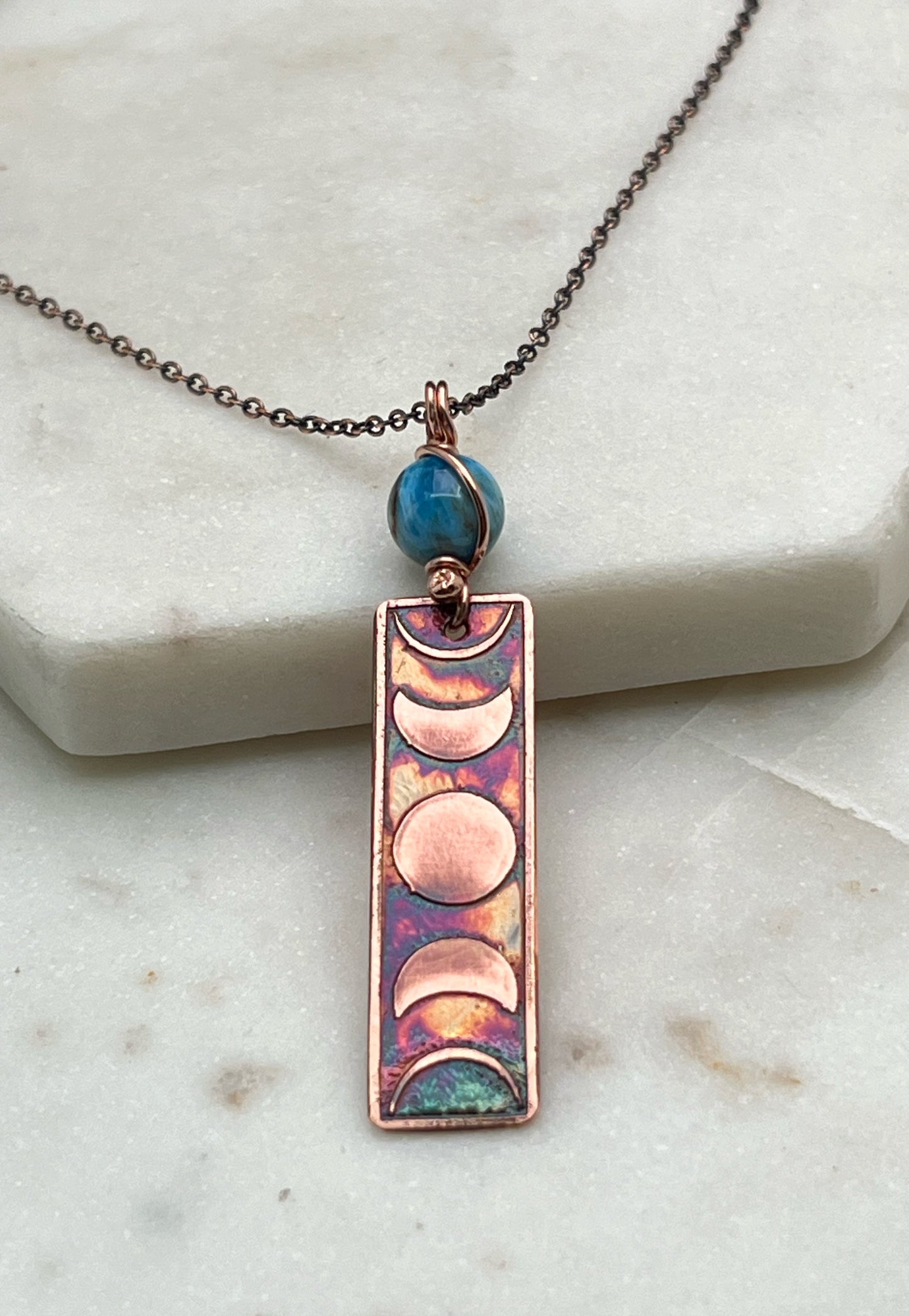 Moon phase acid etched copper necklace with apatite gemstone