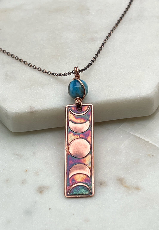 Moon phase acid etched copper necklace with apatite gemstone