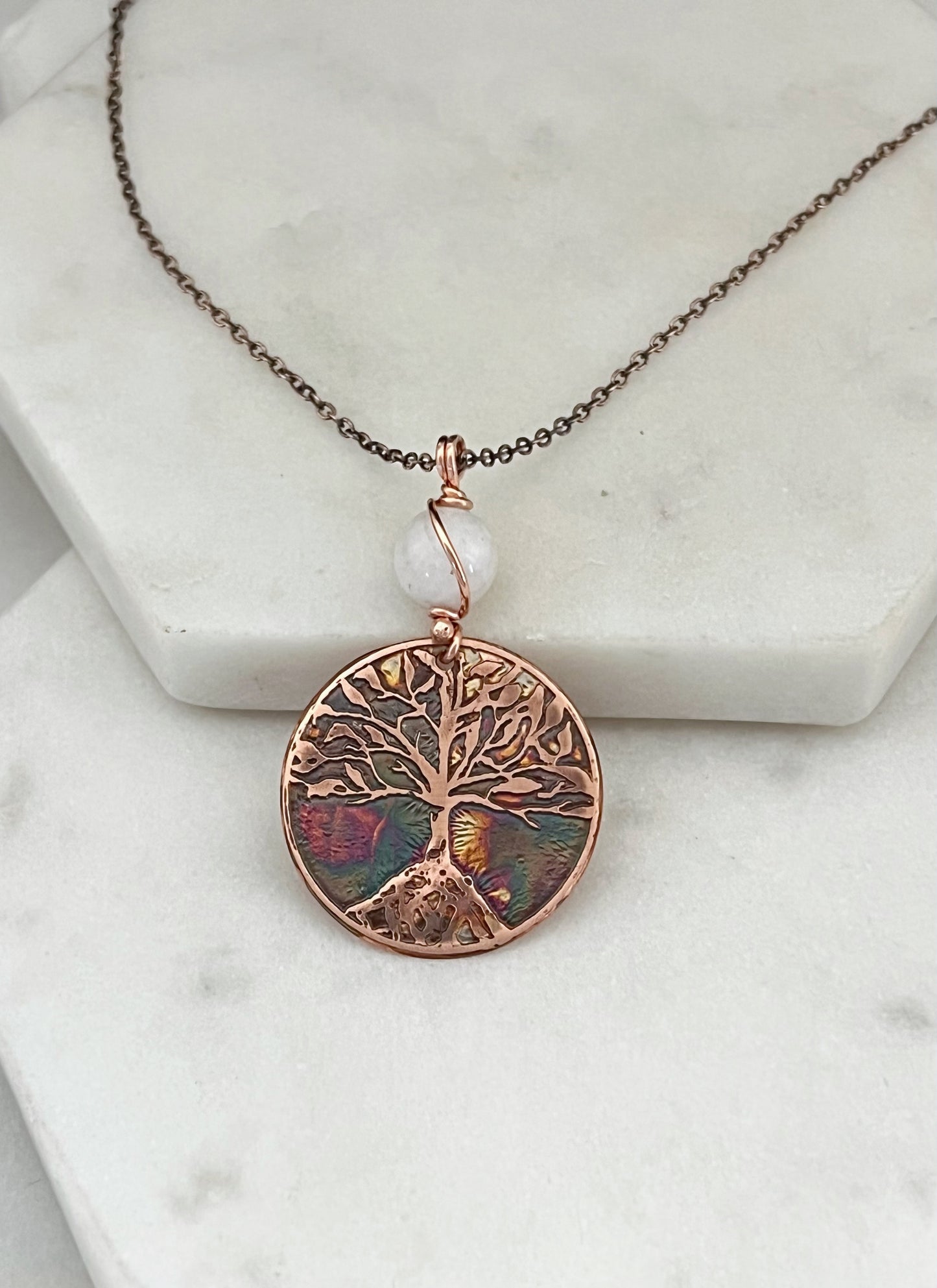 Acid etched copper tree necklace with moonstone gemstone