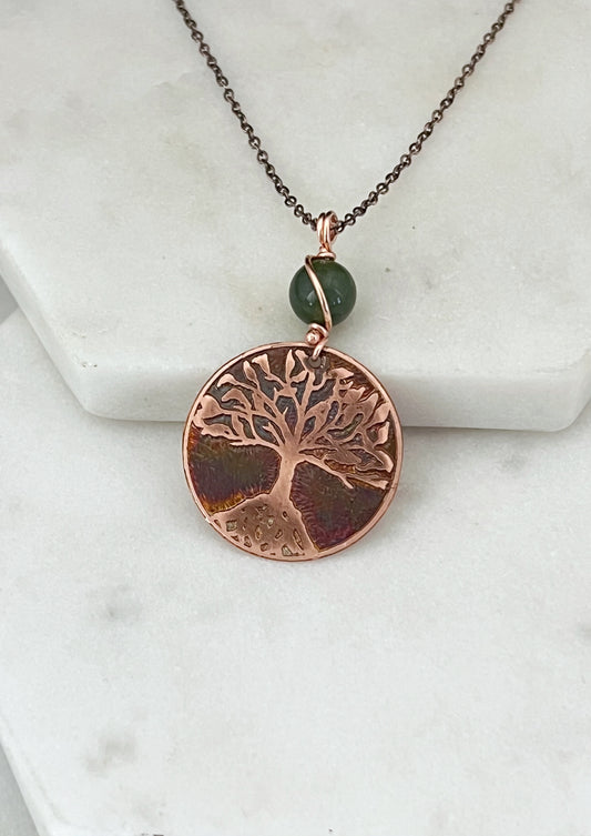 Acid etched copper tree necklace with moss agate gemstone