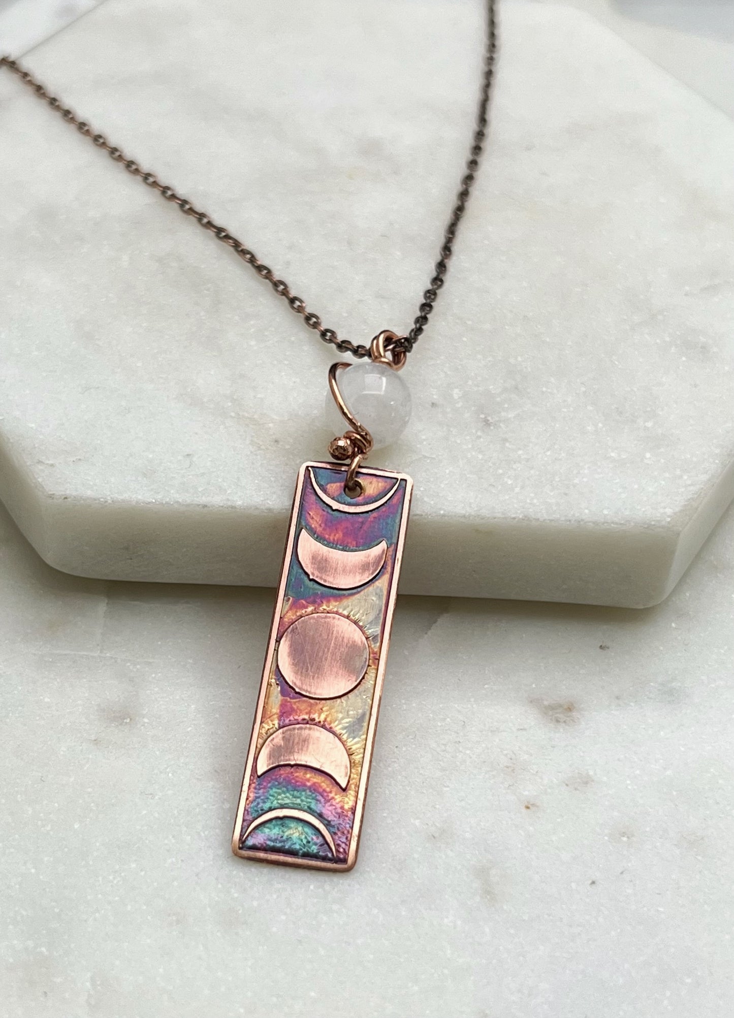 Moon phase acid etched copper necklace with moonstone gemstone