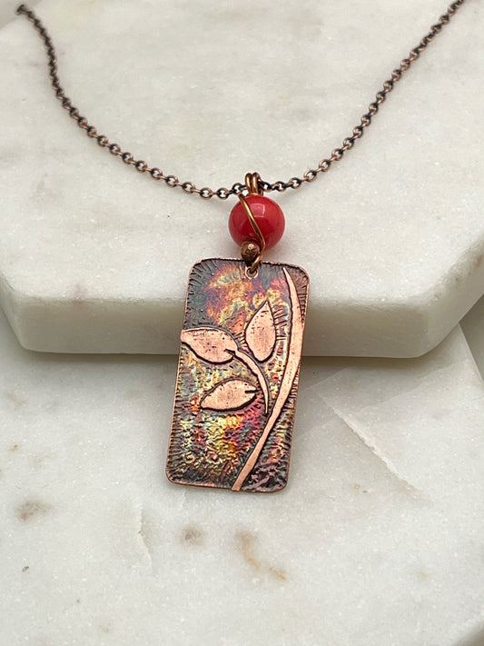 Acid etched copper leaf necklace with coral gemstone