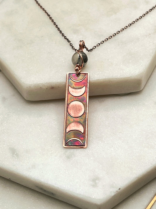 Moon phase acid etched copper necklace with prehnite gemstone