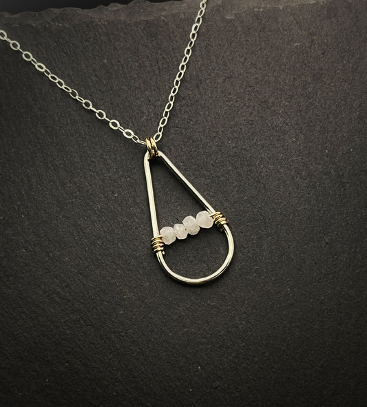 Handmade Sterling Silver Teardrop Necklace with 14k Gold and rainbow moonstone