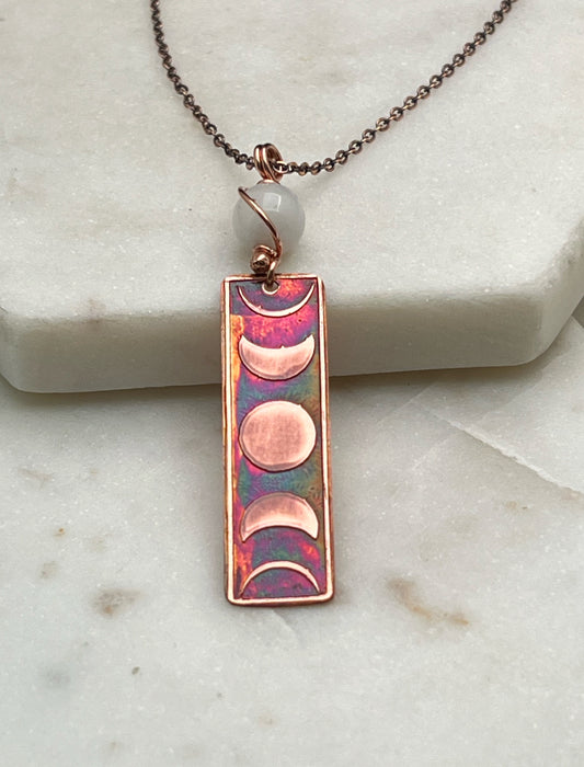 Moon phase acid etched copper necklace with moonstone gemstone