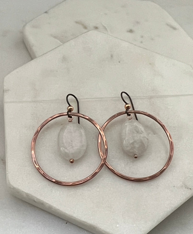 Copper hoops with quartz  gemstones
