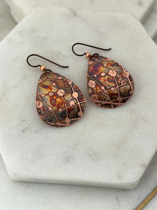 Acid etched copper medium teardrop earrings