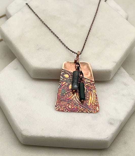 Acid etched copper necklace with moss agate gemstones