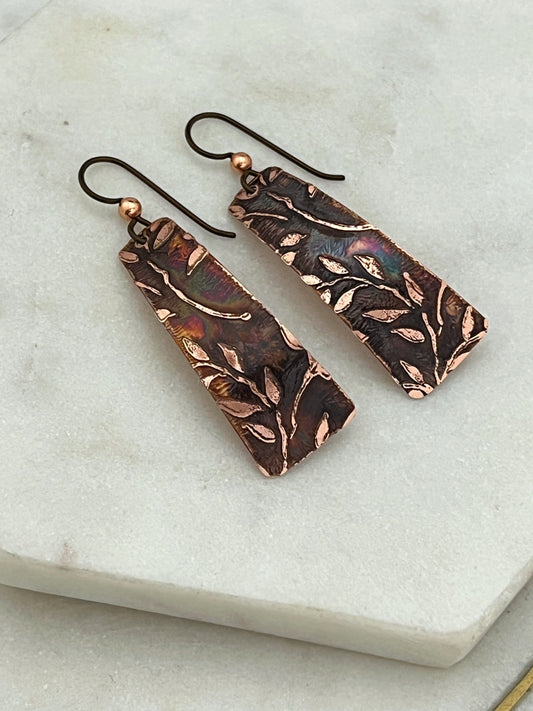 Acid etched copper irregular rectangle earrings