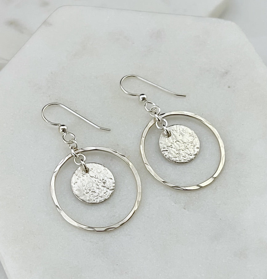 Sterling silver forged hoop and disk earrings