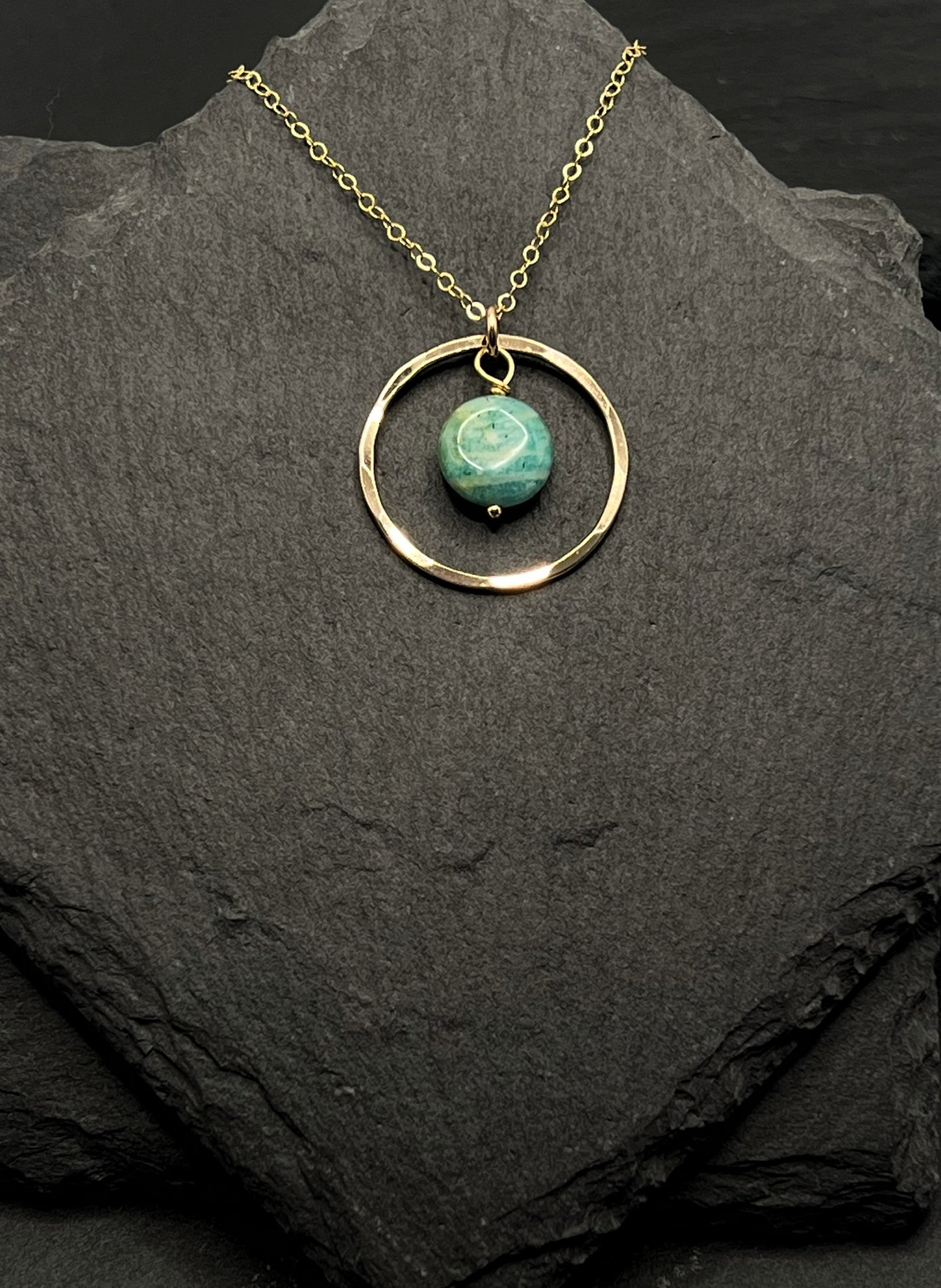 14K Gold hoop necklace with amazonite gemstone