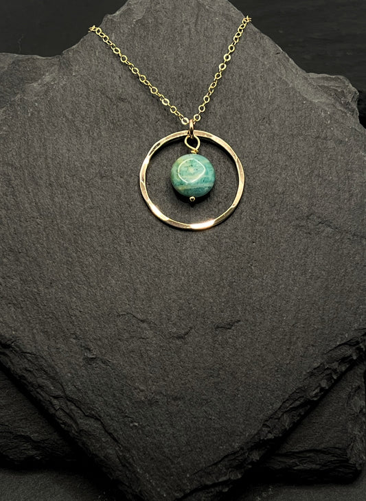 14K Gold hoop necklace with amazonite gemstone