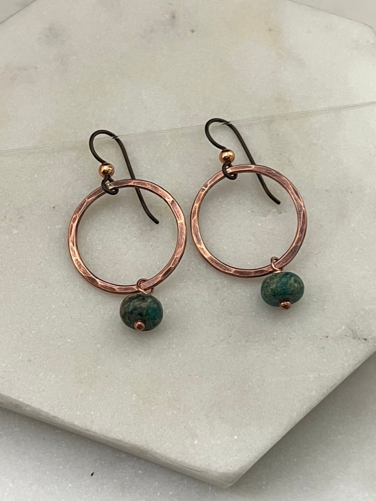 Copper hoops with serpentine jasper  gemstones