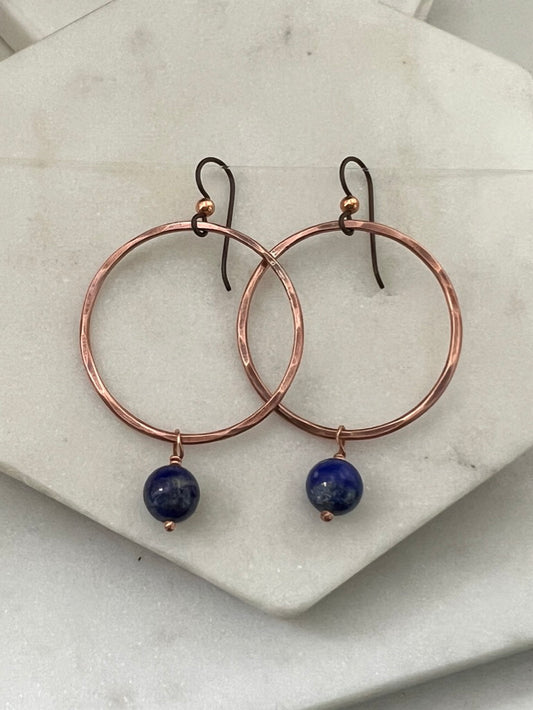 Copper hoops with lapis  gemstones