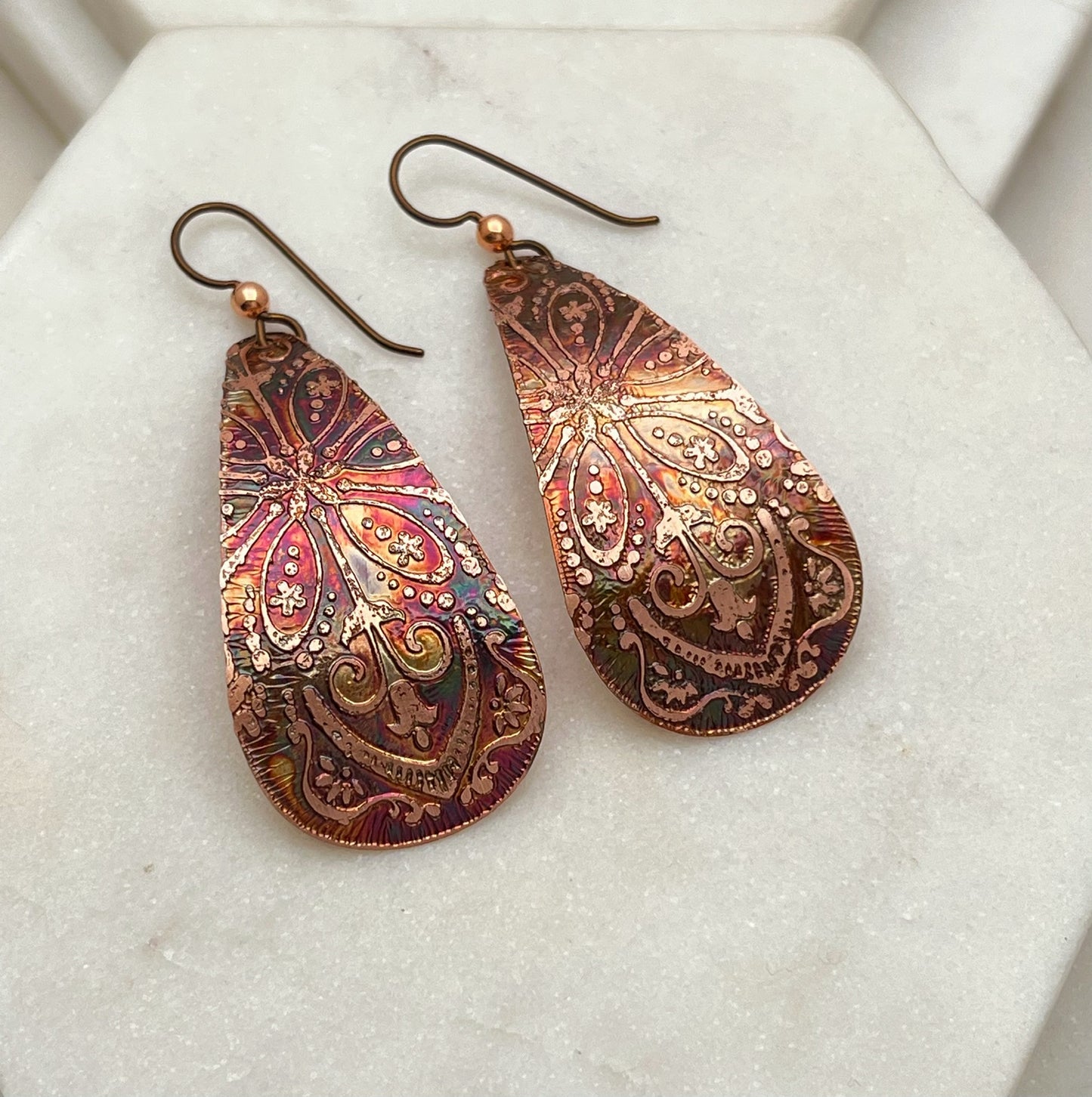 Large acid etched copper teardrop earrings