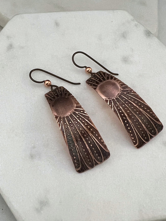 Acid etched copper irregular rectangle earrings