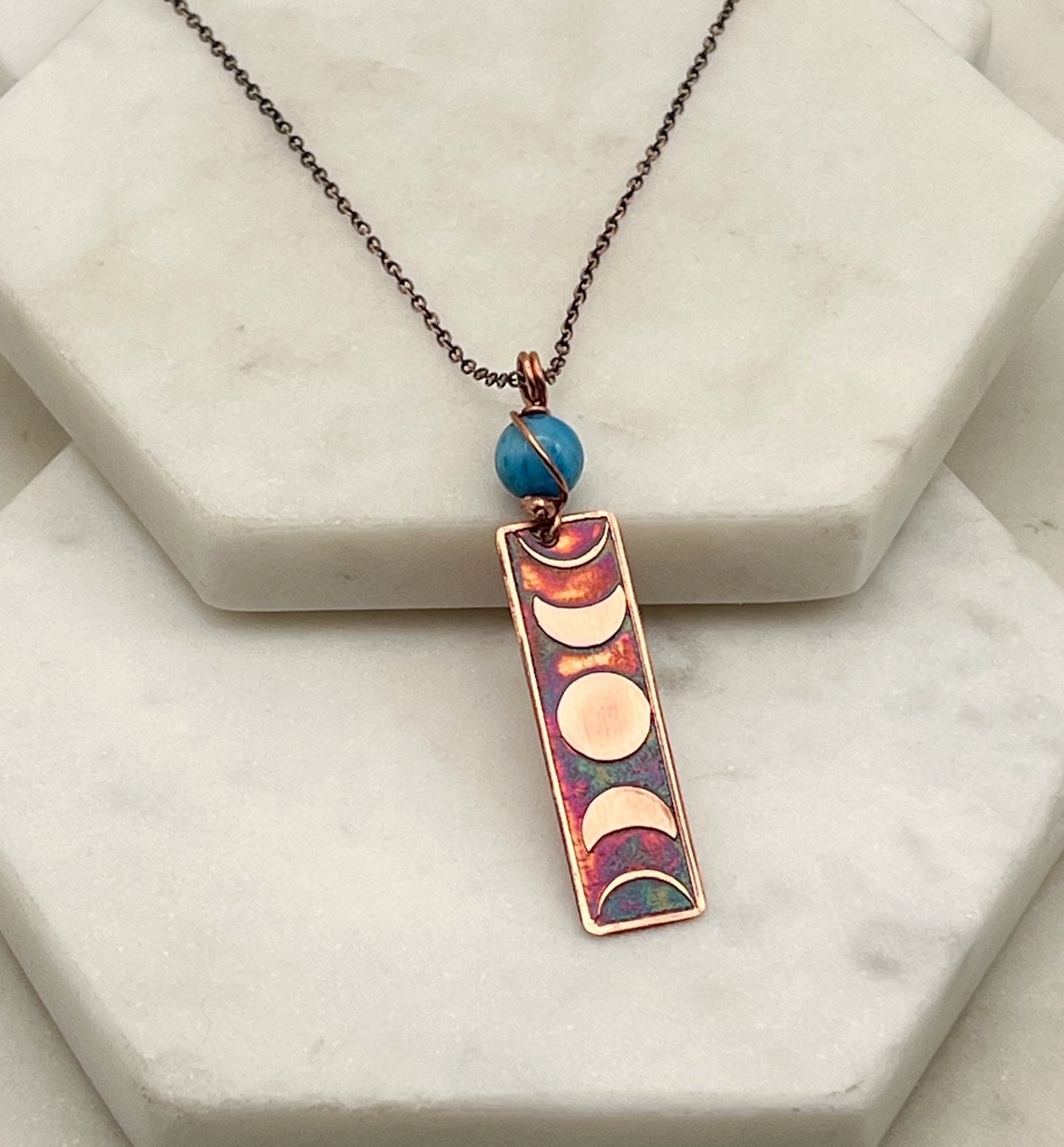 Moon phase acid etched copper necklace with apatite gemstone