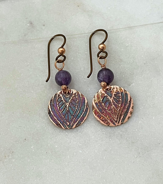 Acid etched copper earrings with amethyst gemstones