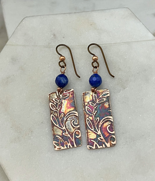 Acid etched copper earrings with lapis gemstones