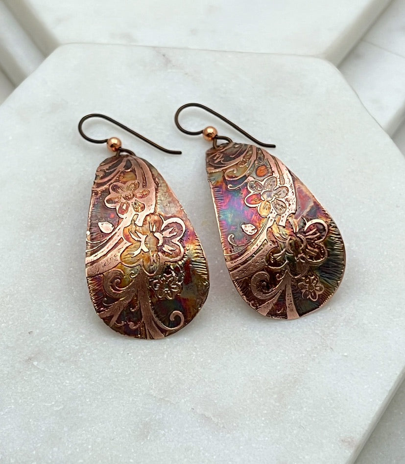 Large acid etched copper teardrop earrings