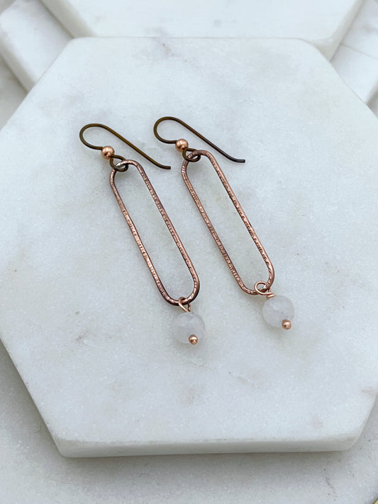 Copper oval hoops with moonstone gemstones