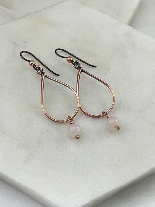 Copper teardrop hoop earrings with rose quartz
