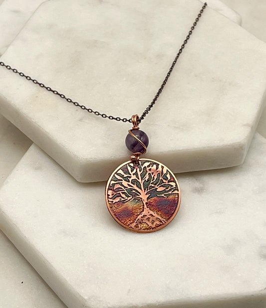 Copper and amethyst rooted tree necklace