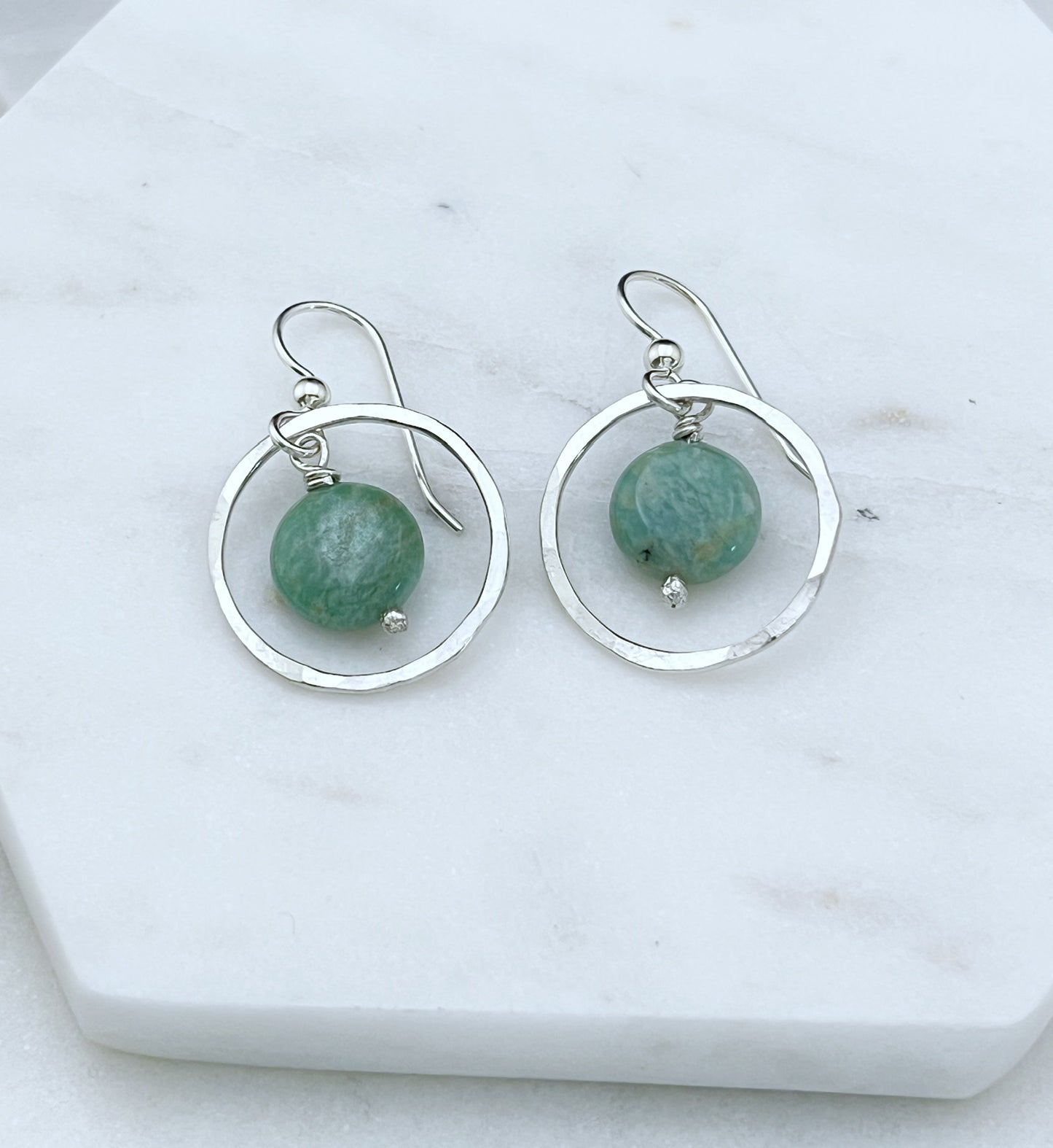 Sterling silver hoop earrings with amazonite gemstones