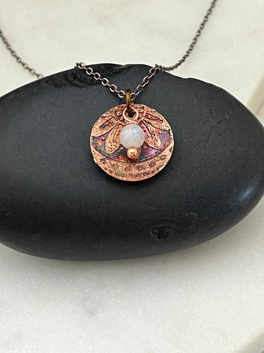 Acid etched copper necklace with moonstone gemstone