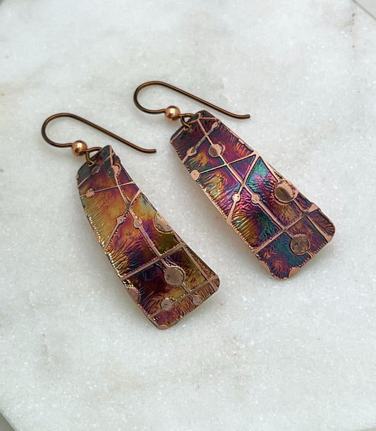 Acid etched copper irregular rectangle earrings