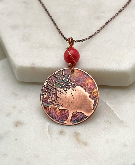 Acid etched copper tree necklace with coral gemstone