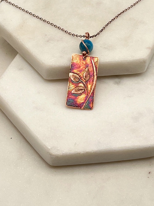 Acid etched copper leaf necklace with apatite gemstone