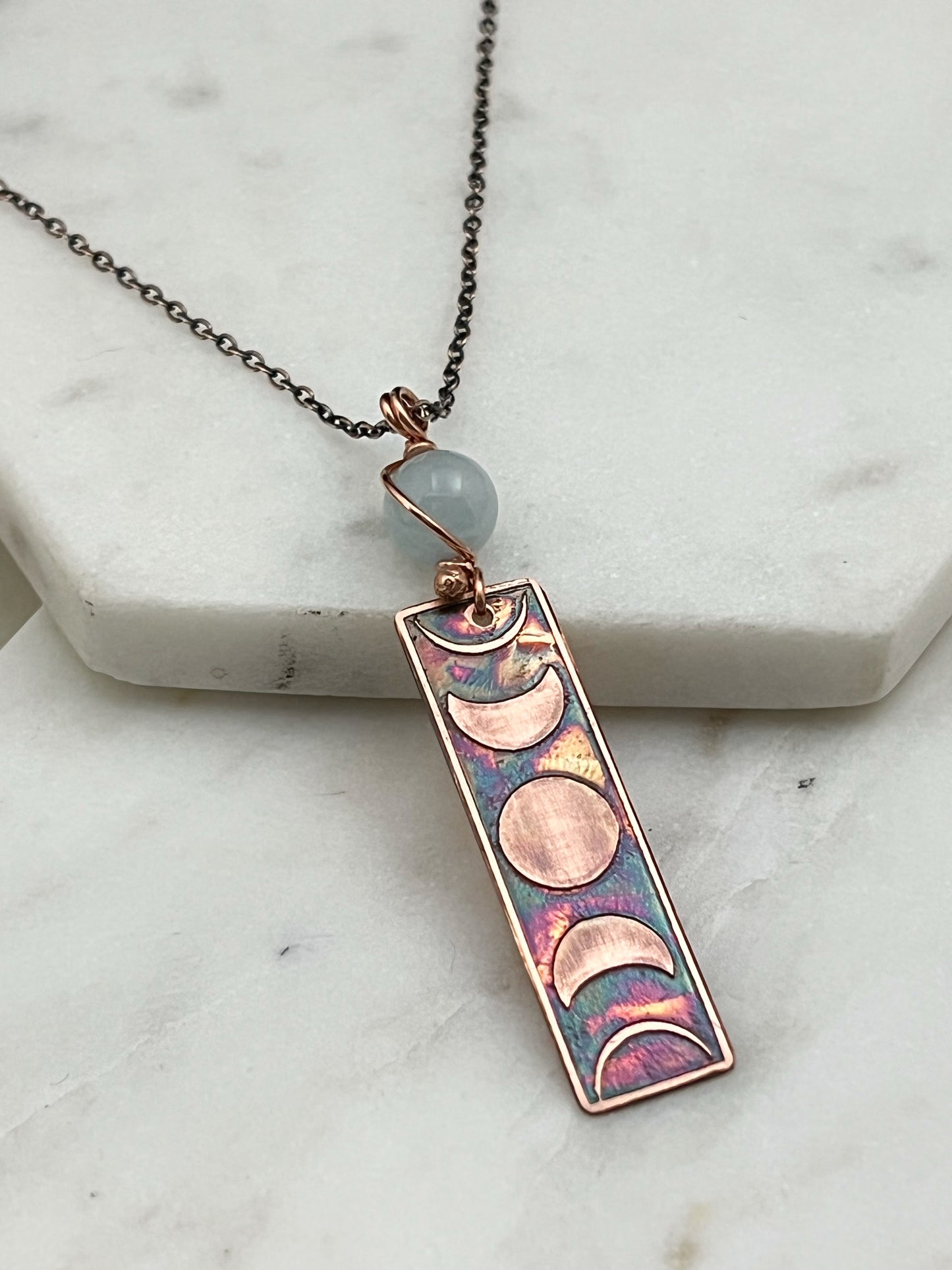 Moon phase acid etched copper necklace with aquamarine gemstone
