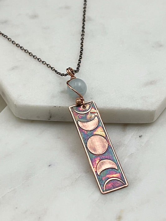 Moon phase acid etched copper necklace with aquamarine gemstone
