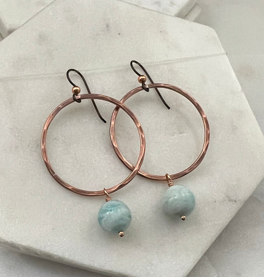 Copper hoops with aquamarine  gemstones