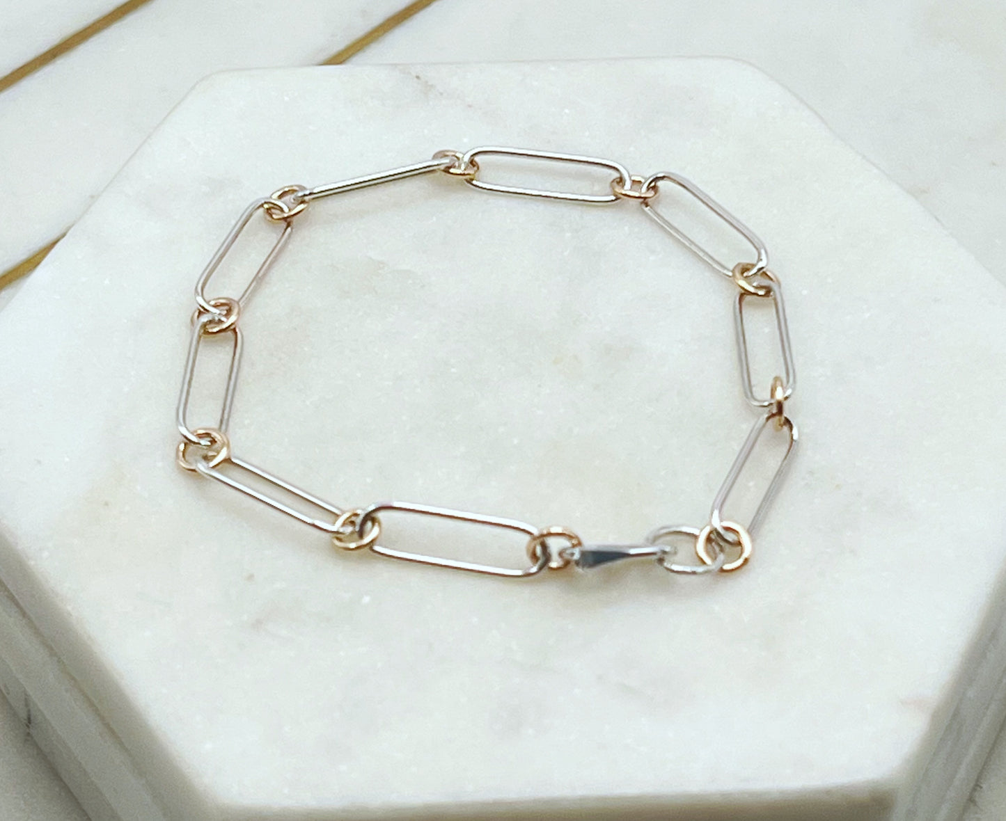 Forged sterling silver and 14k gold chain bracelet