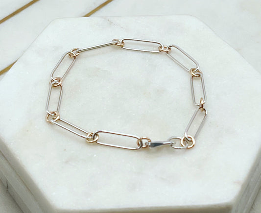 Forged sterling silver and 14k gold chain bracelet