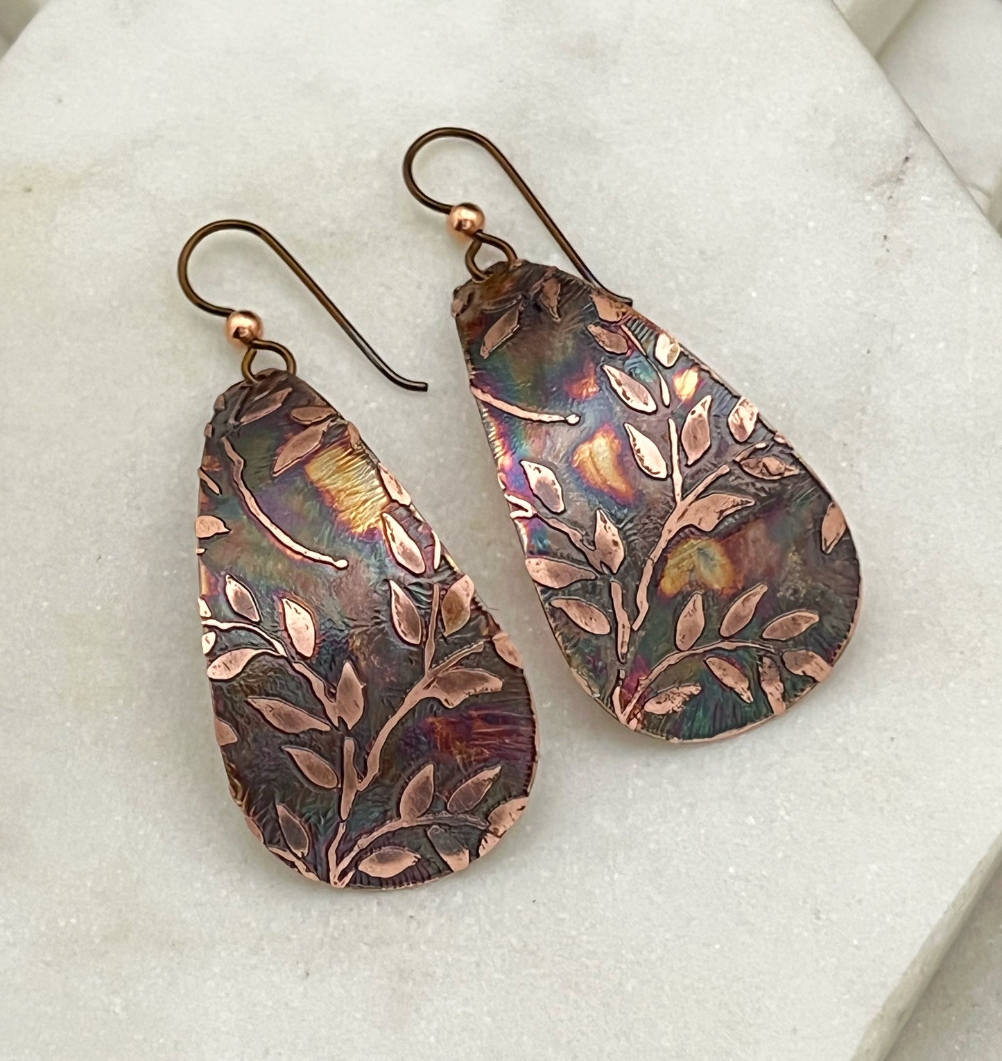 Large acid etched copper teardrop earrings