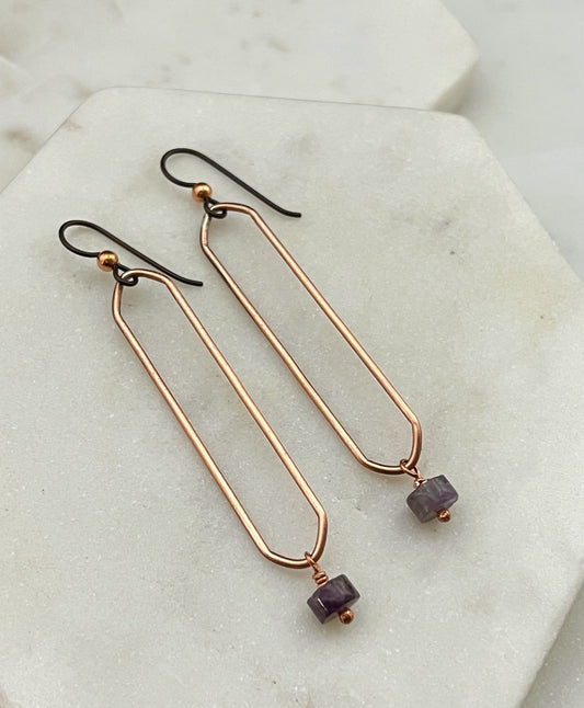 Copper oval hoops with amethyst  gemstones