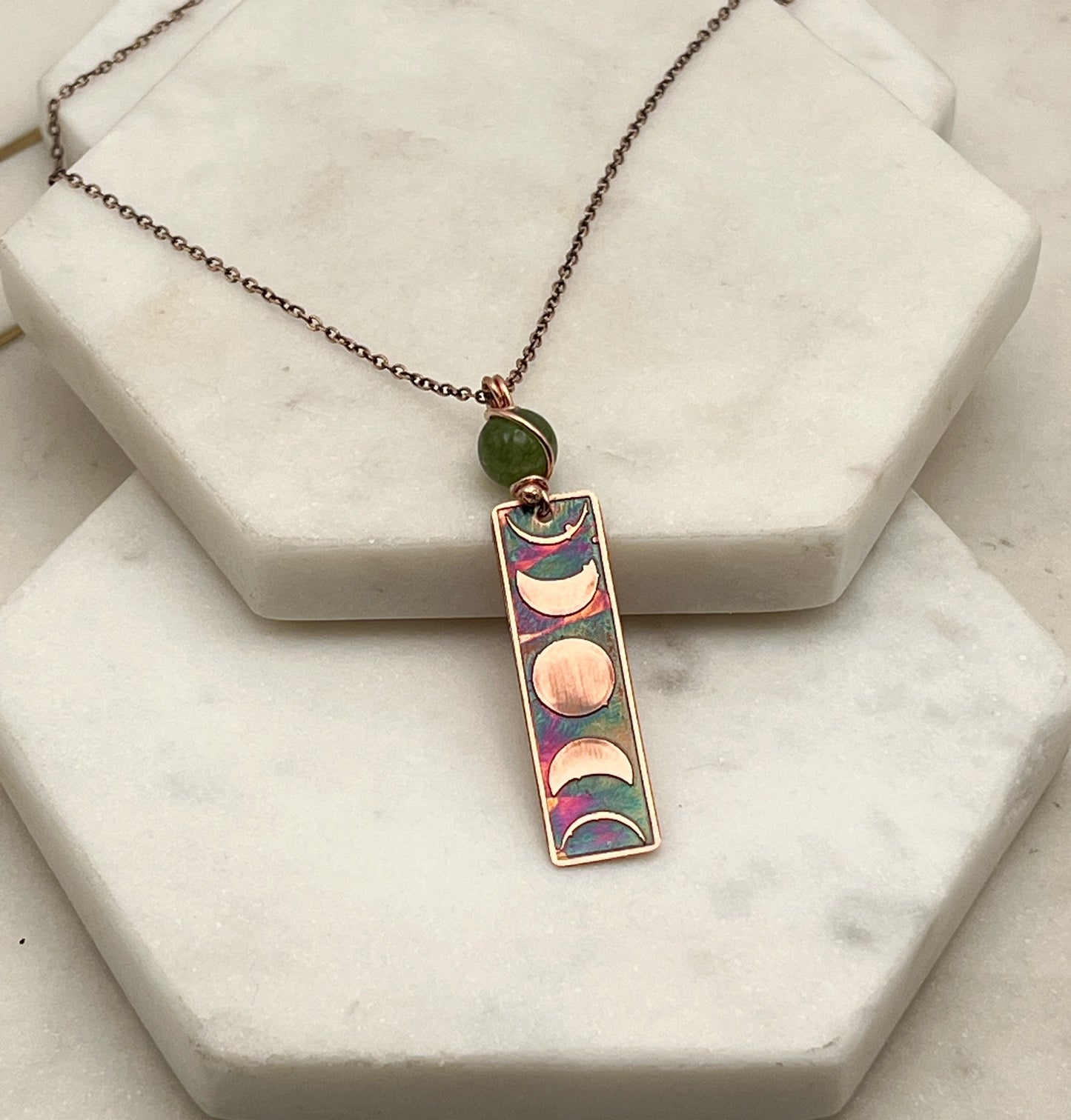 Moon phase acid etched copper necklace with jade gemstone