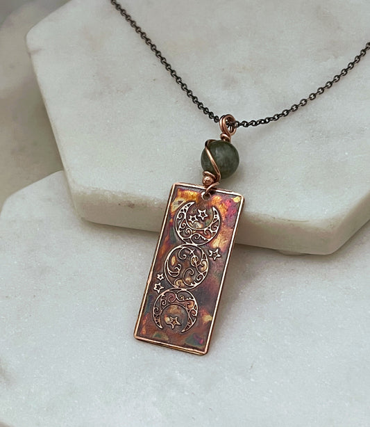 Acid etched copper moon necklace with jade gemstone