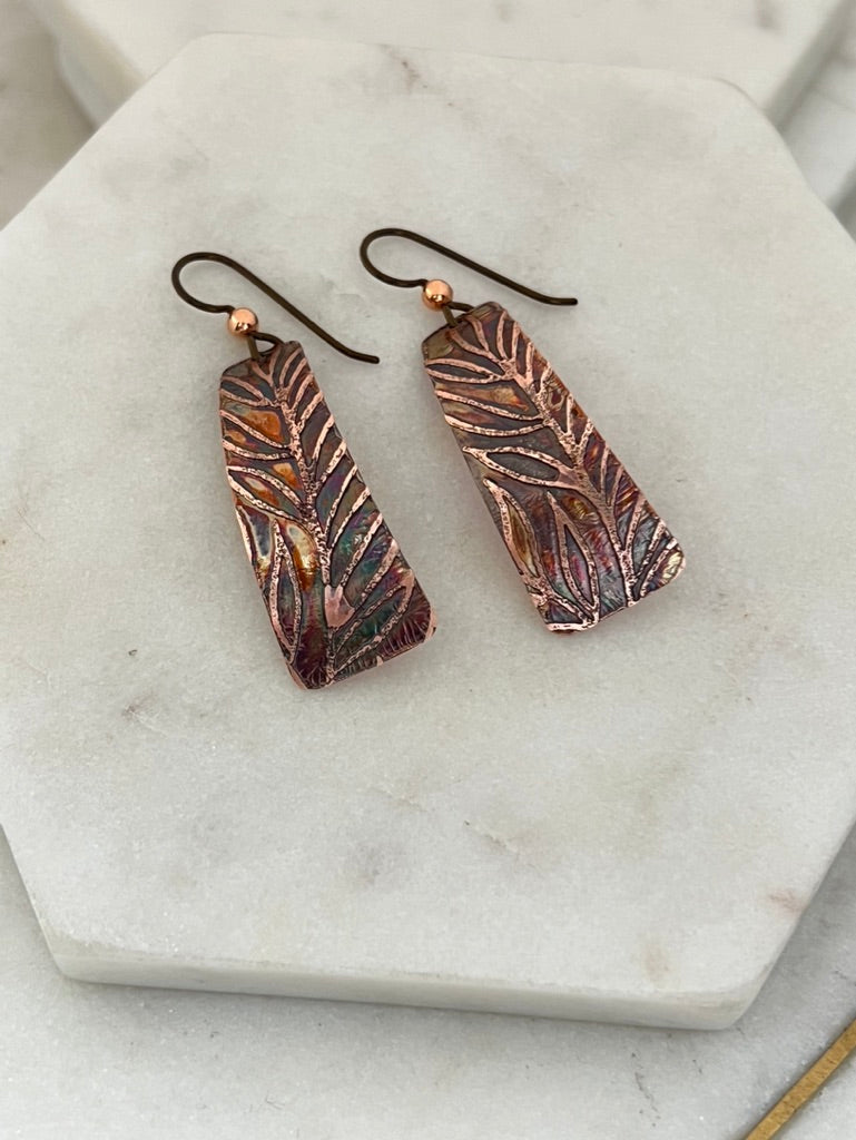 Acid etched copper irregular rectangle earrings