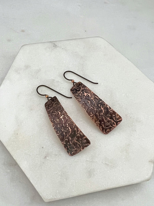 Acid etched copper irregular rectangle earrings