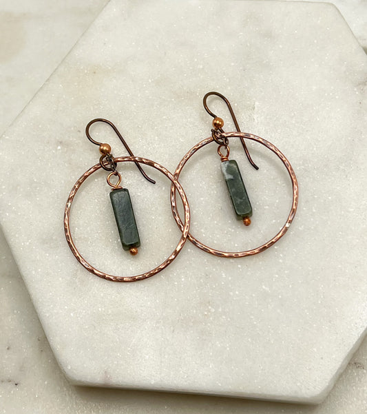 Copper hoops with serpentine jasper  gemstones